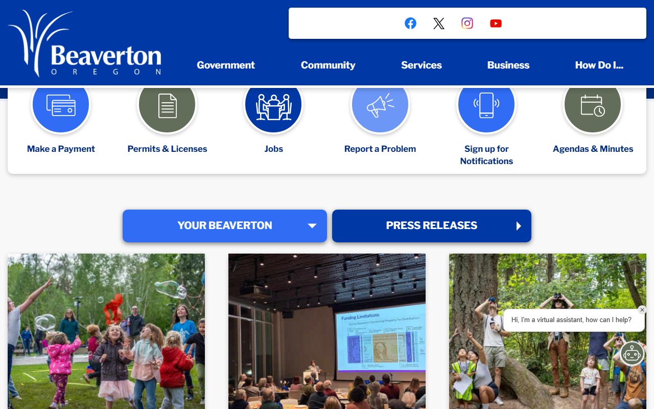 City of Beaverton home page for community services