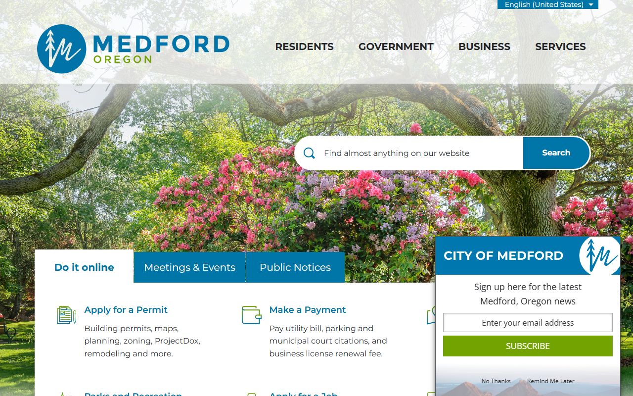 City of Medford website homepage for local services and resources