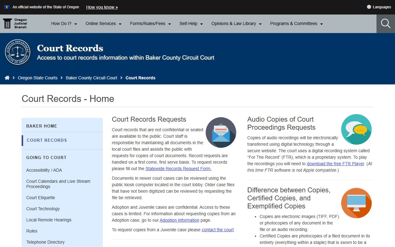 Baker County court records page for felony records requests
