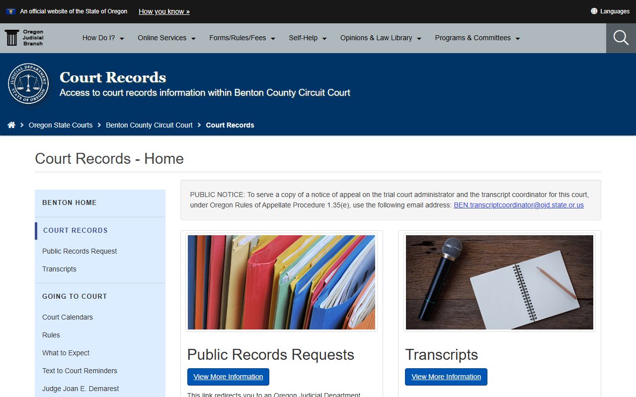 Benton County court records page for felony records access