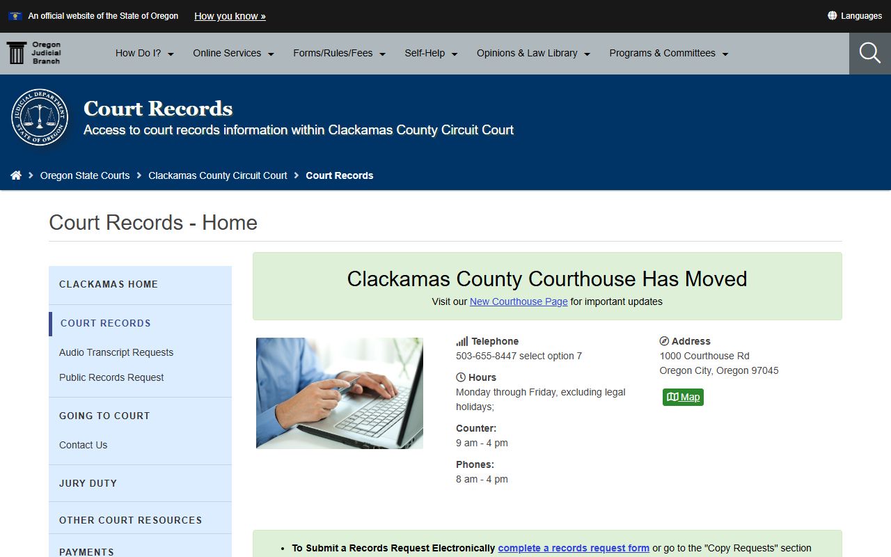 Clackamas County court records page for felony records requests