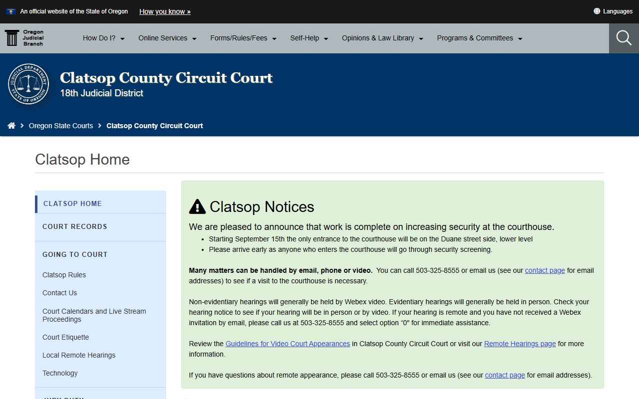 Clatsop County Circuit Court website for felony records
