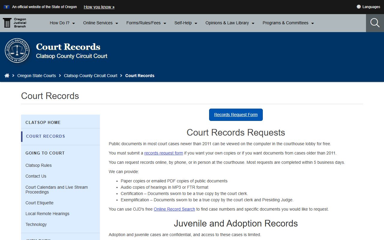 Clatsop County court records page for felony records