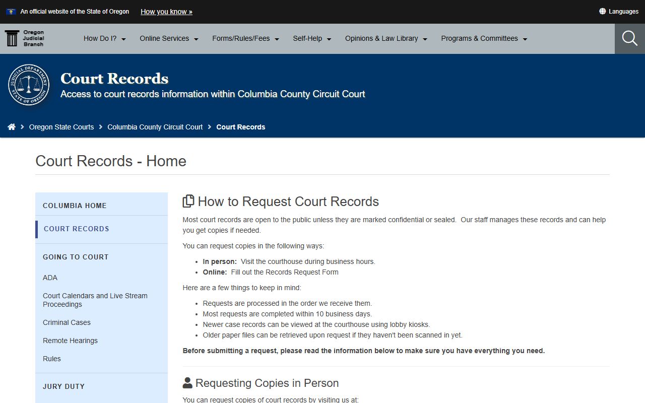 Columbia County court records page for felony records