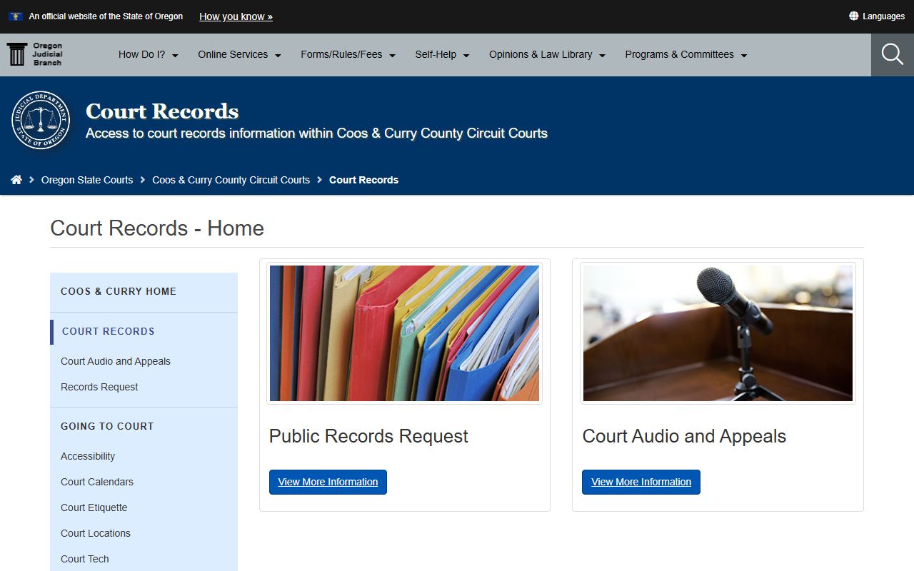 Coos County court records page for felony records