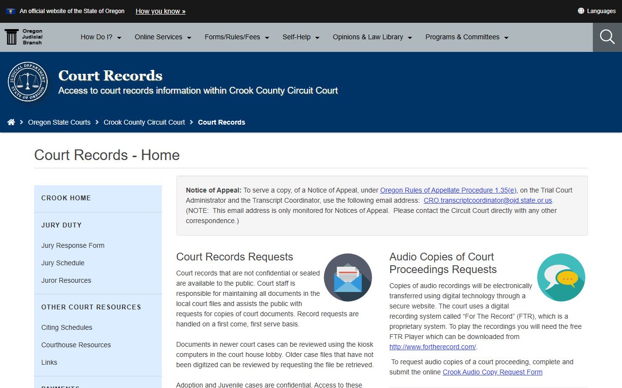 Crook County court records page for felony records