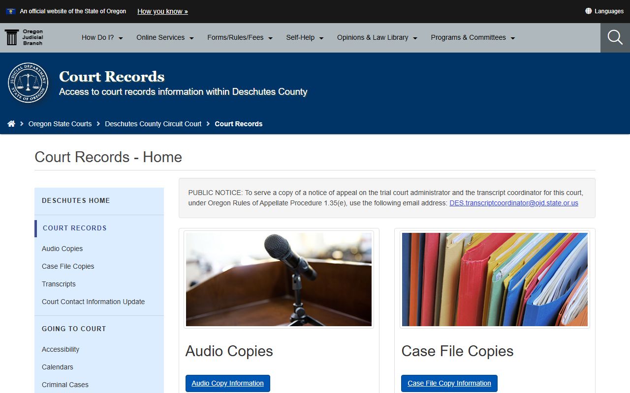 Deschutes County court records page for felony records