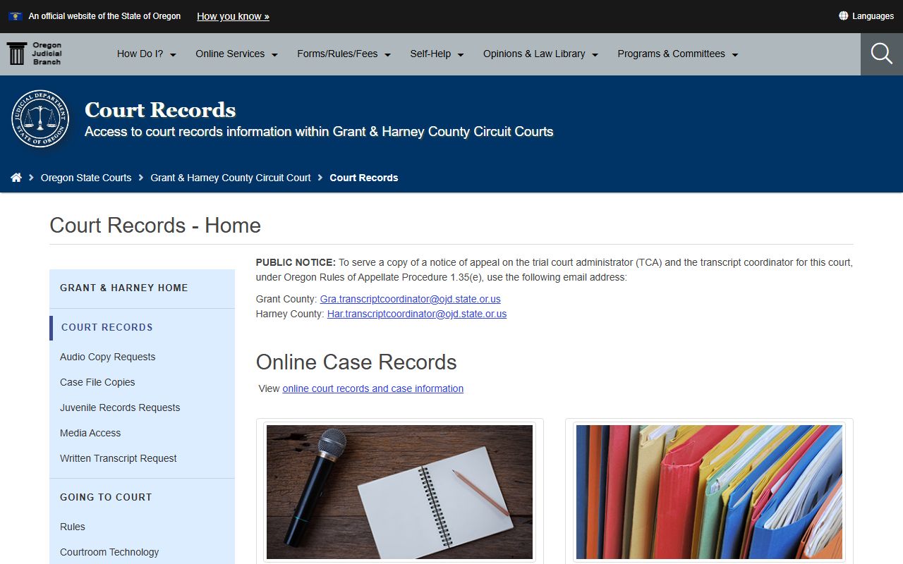 Grant County court records page for felony records requests