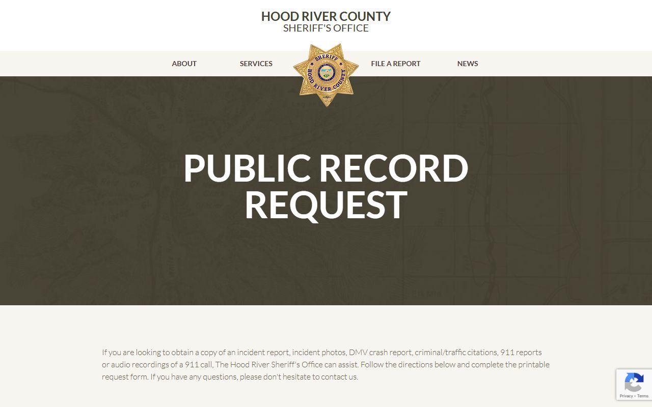 Hood River County public records request page for criminal records