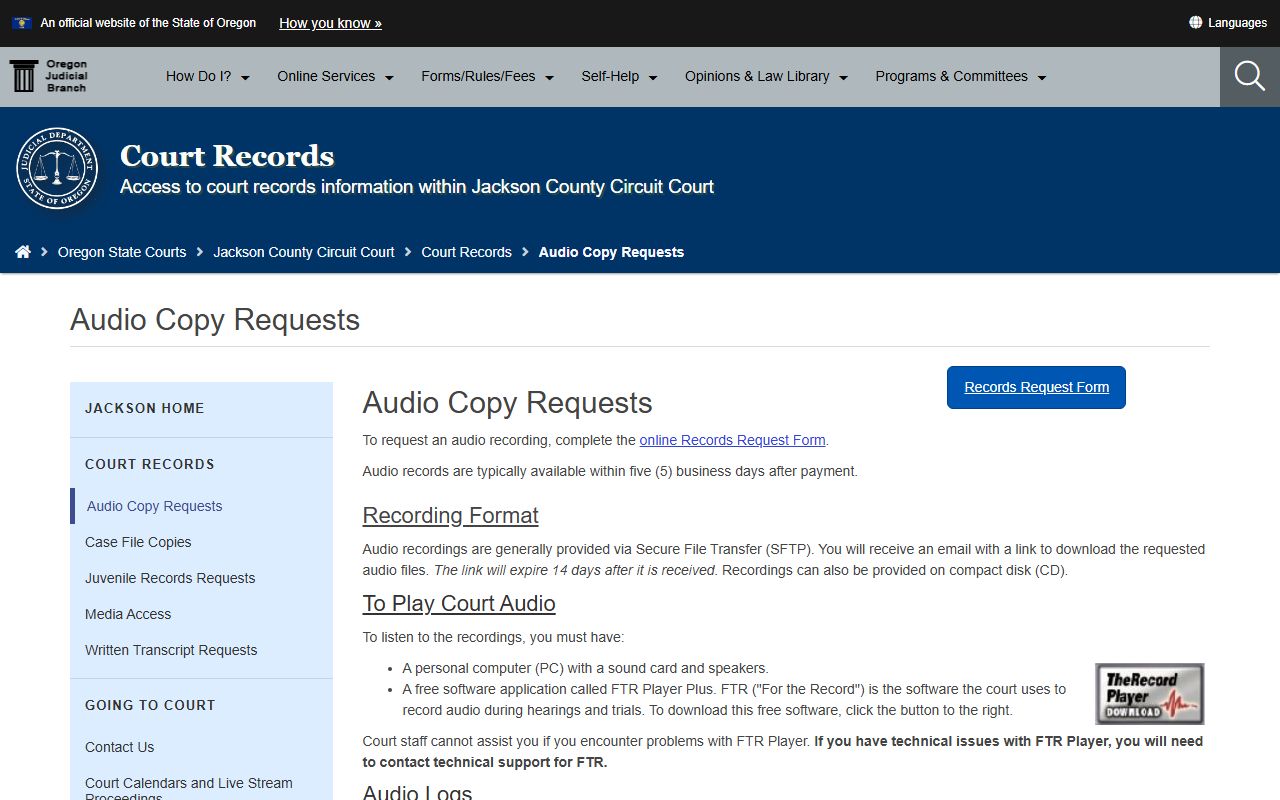 Jackson County audio transcript request page for court records