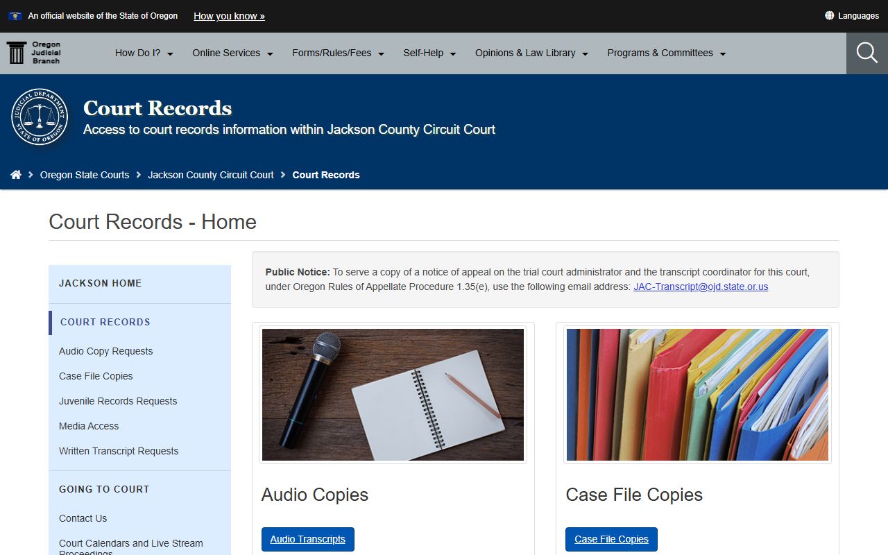Jackson County court records page for felony case requests