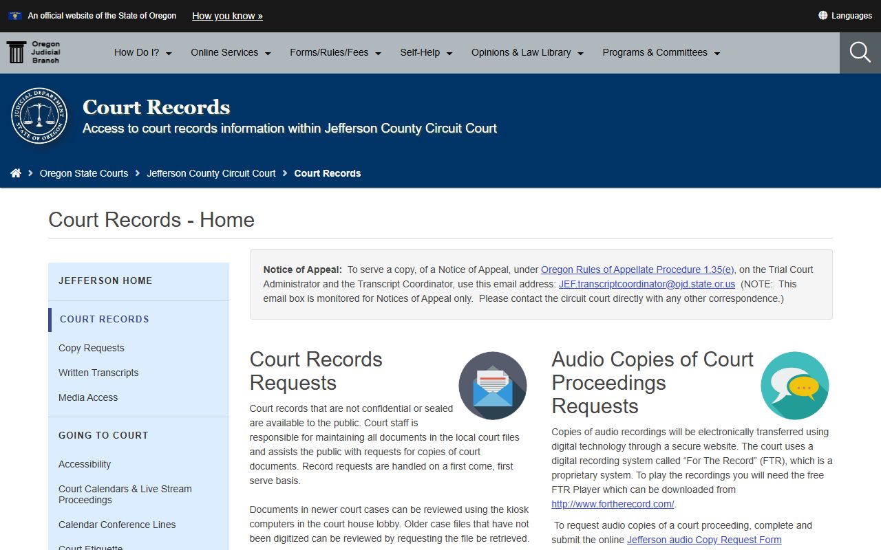 Jefferson County court records access page for felony records