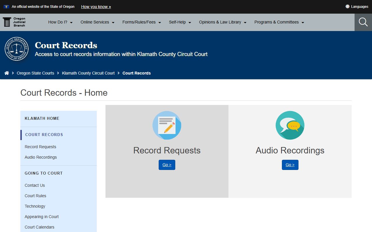 Klamath County court records page for felony records