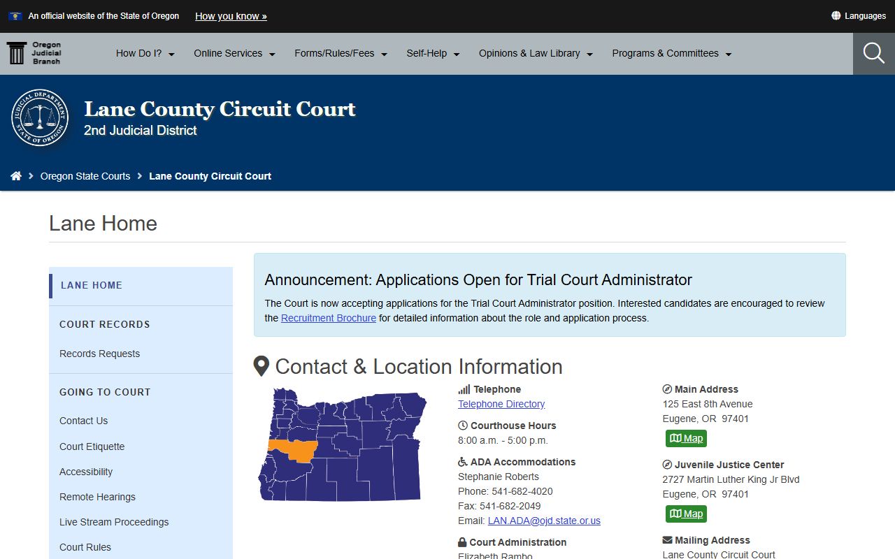 Lane County Circuit Court website for felony records access