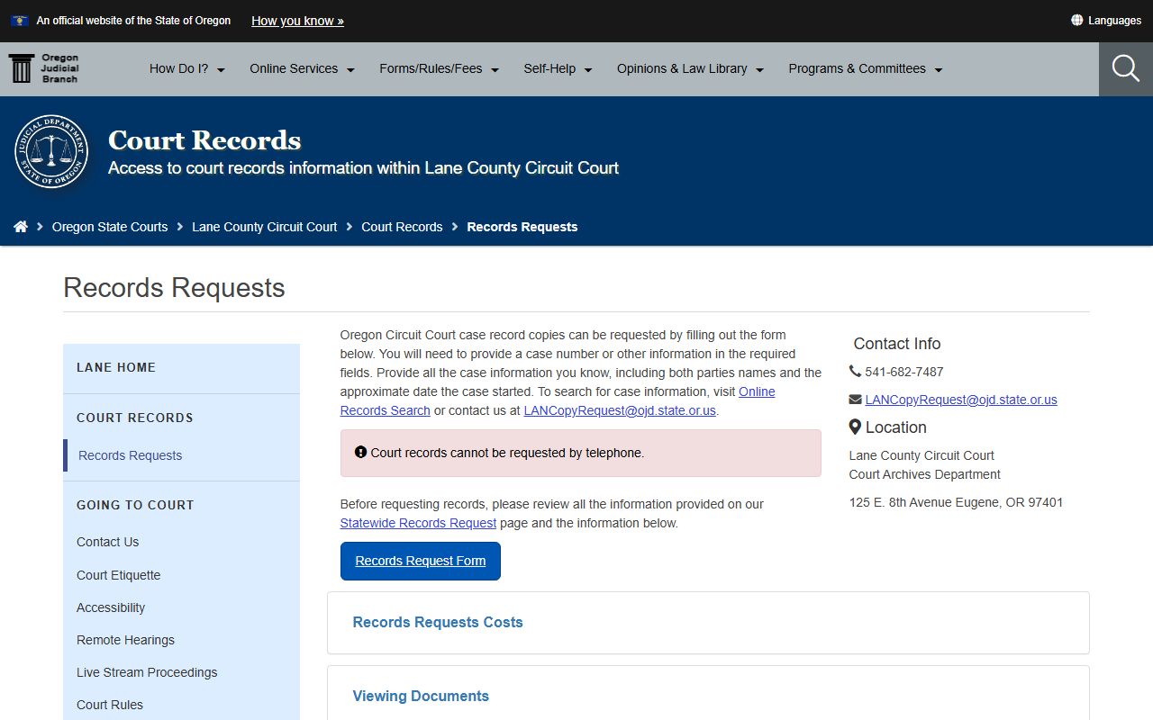 Lane County records request page for felony court filings