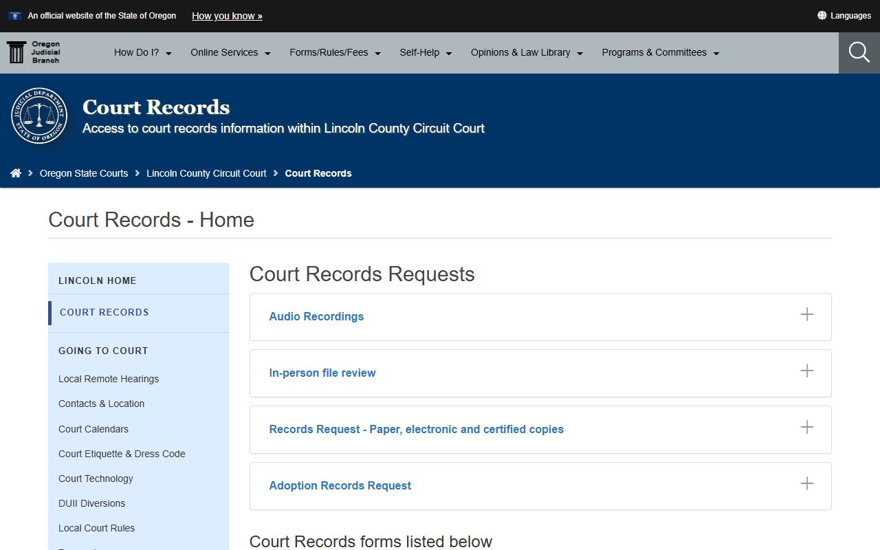 Lincoln County records request page for felony court records