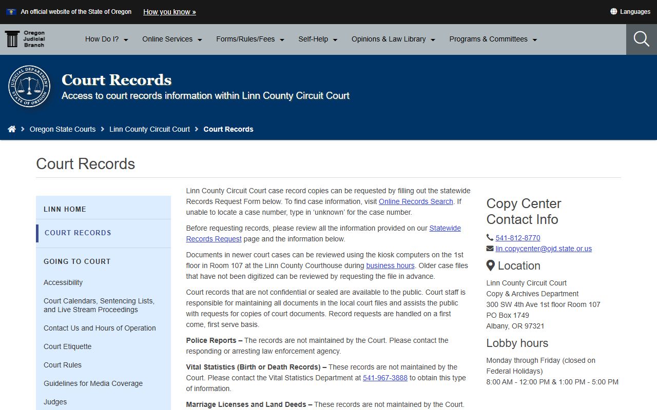 Linn County comprehensive records page for felony court records