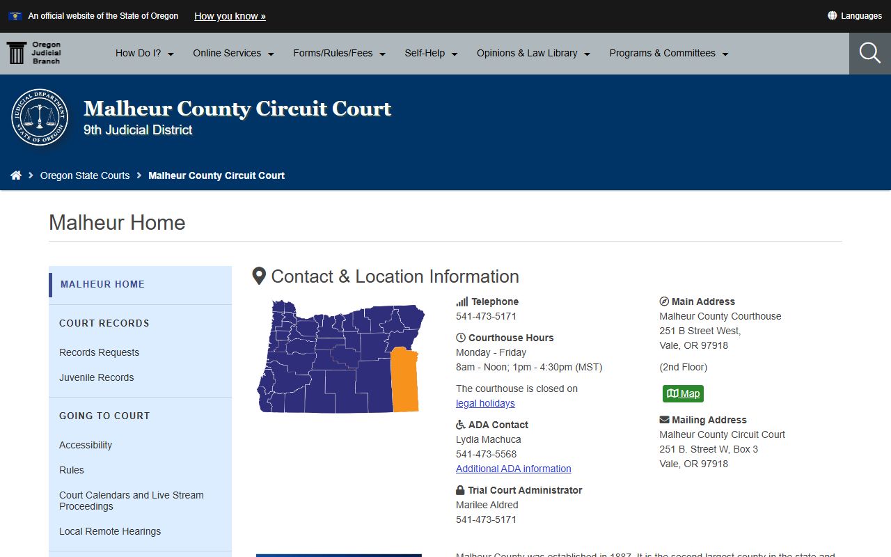 Malheur County Circuit Court website for felony records