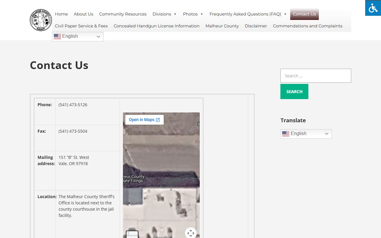 Malheur County Sheriff staff contact page for records