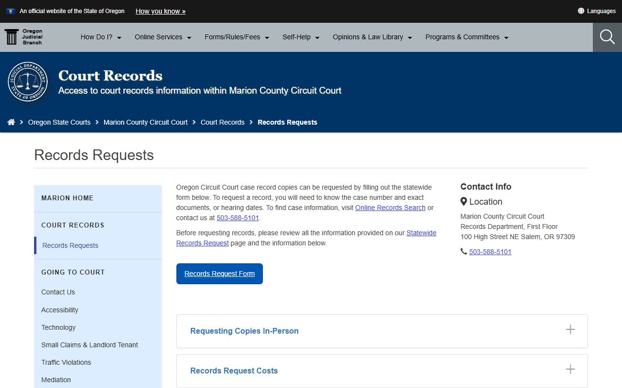 Marion County records request page for felony case documents