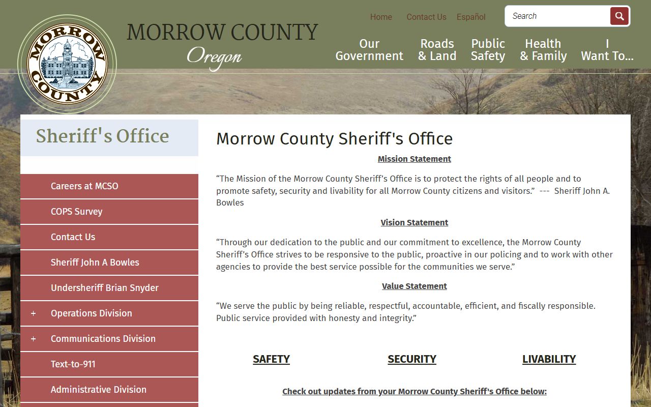 Morrow County Sheriff's Office website for law enforcement records