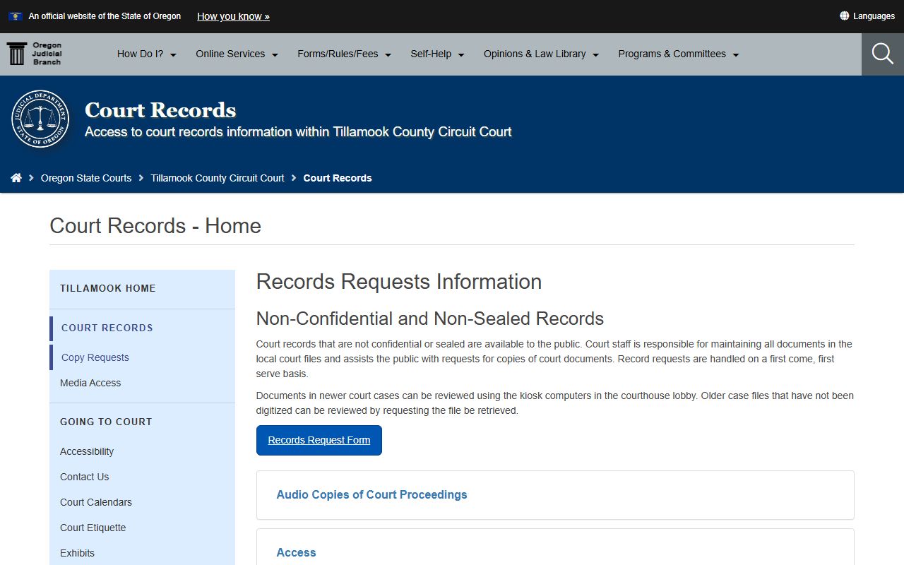 Tillamook County court records page for felony case access