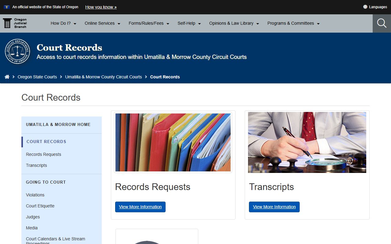 Umatilla County court records page for felony case access