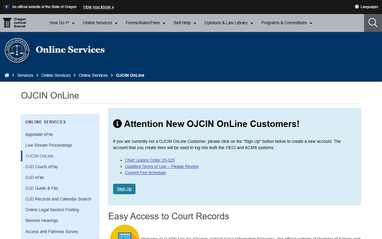 OJCIN Online subscription portal for Oregon felony records
