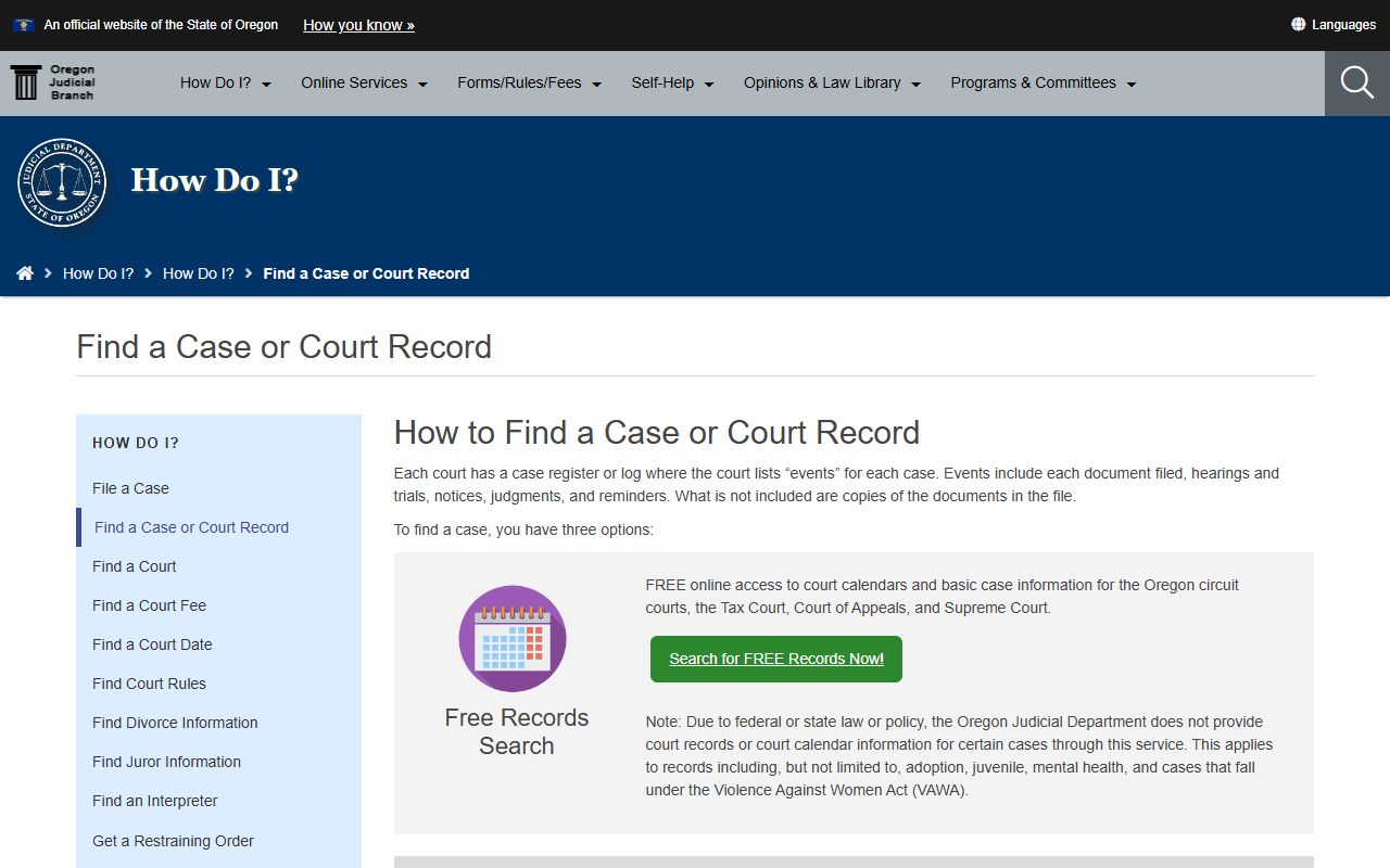 OJD Find a Case portal for Oregon felony records