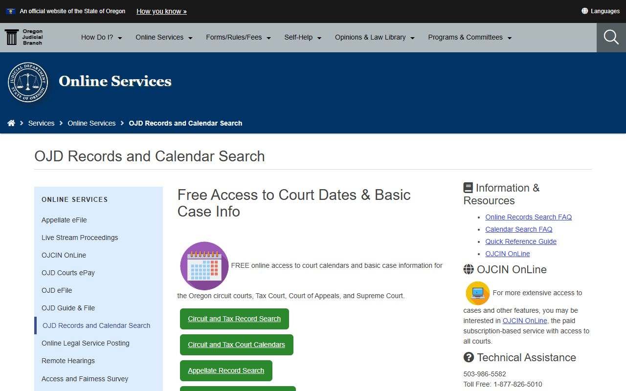 OJD Records and Calendar page for Oregon felony records