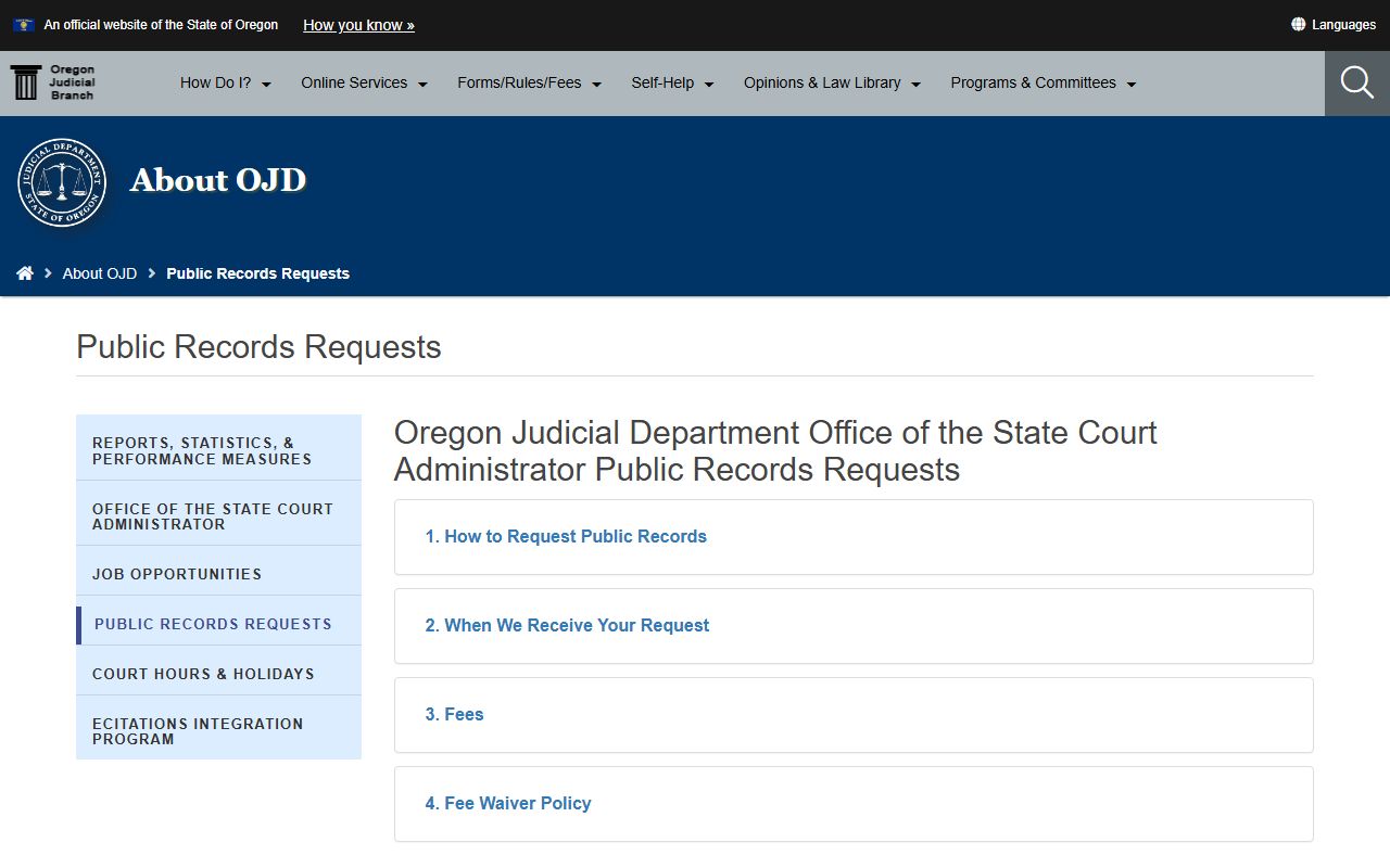 OJD Statewide Records Request page for Oregon felony records