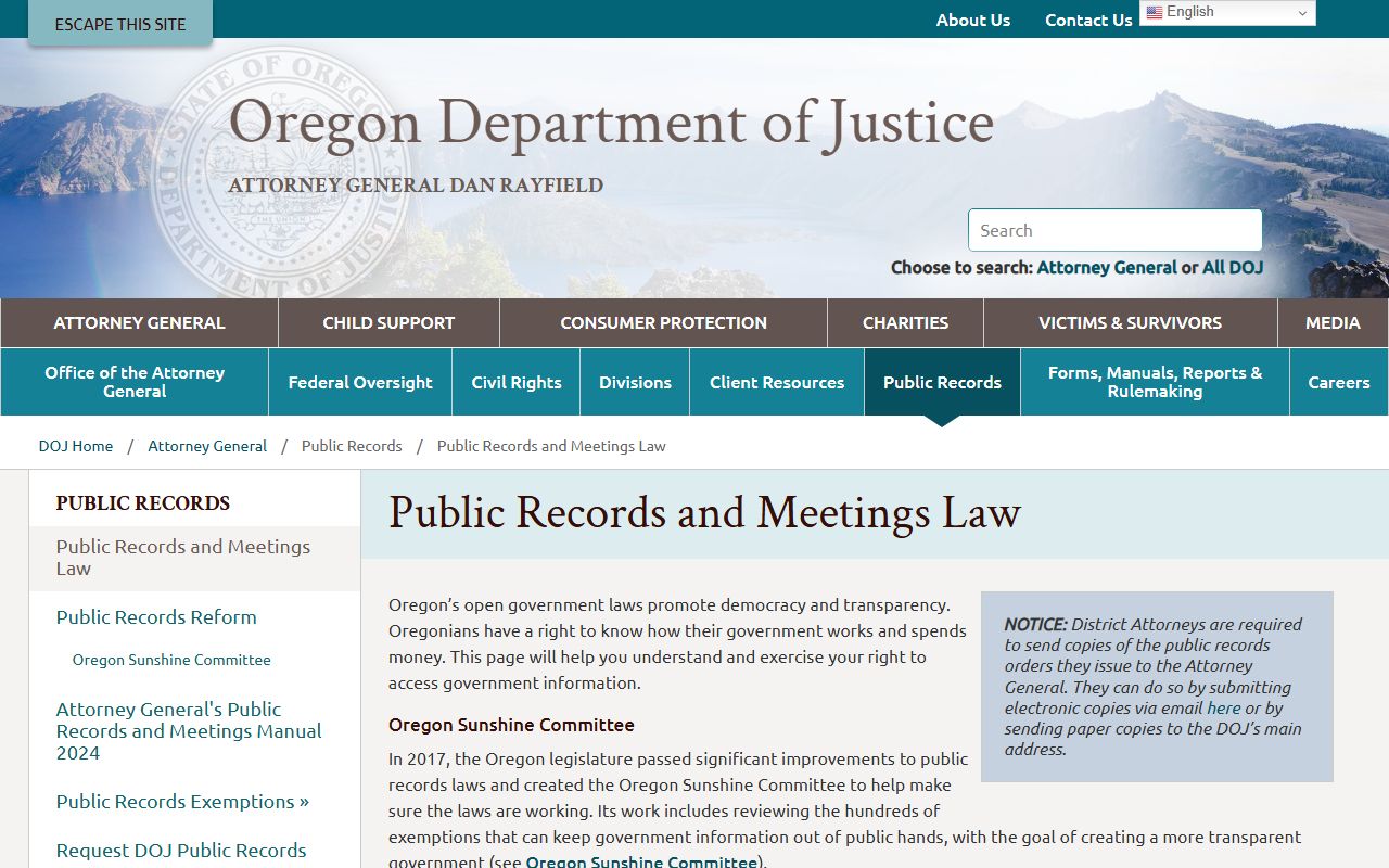 Oregon Attorney General public records page for Oregon felony records