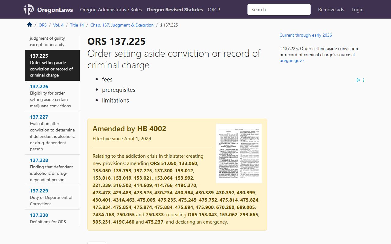 ORS 137.225 expungement statute for Oregon felony records