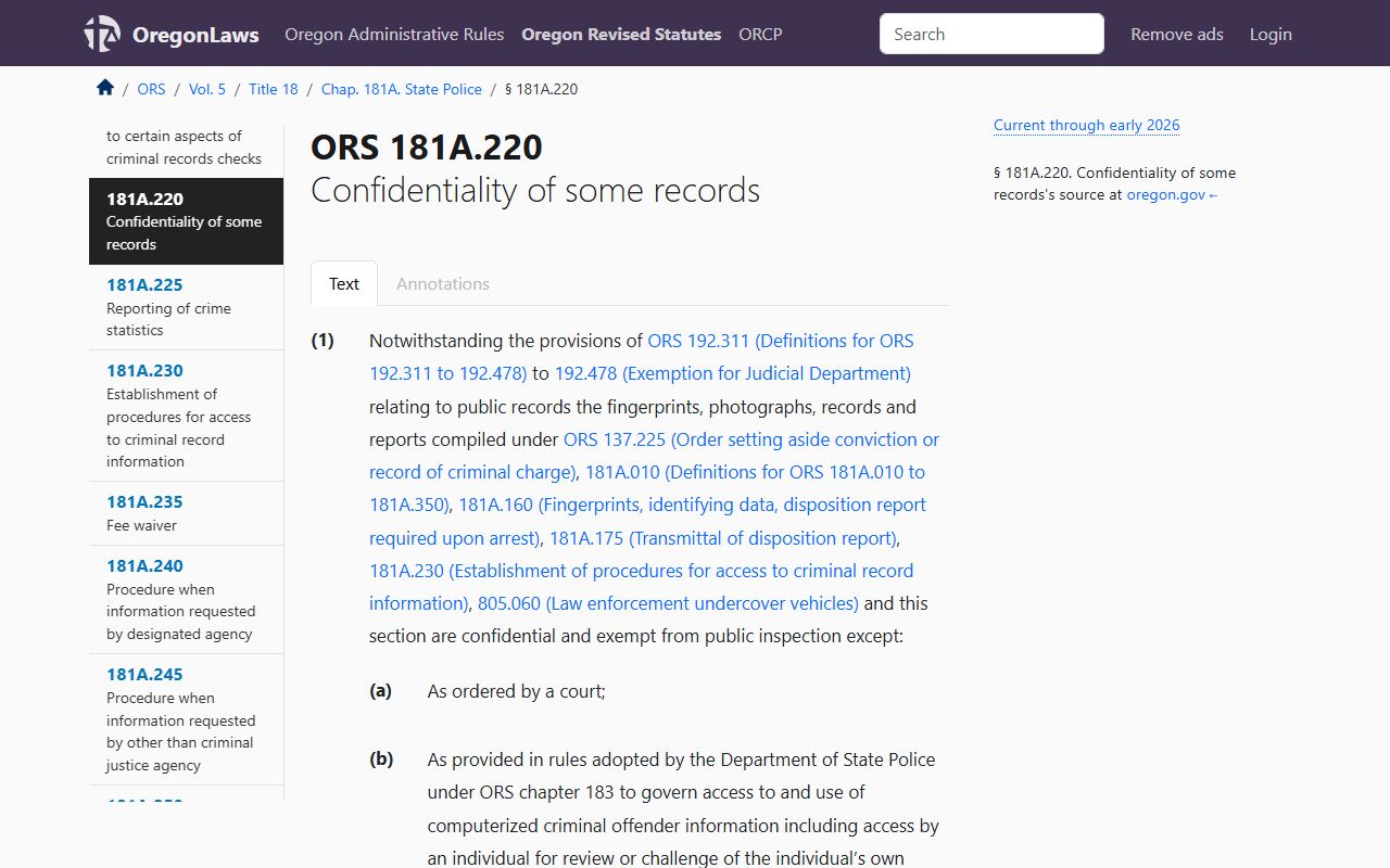 ORS 181A.220 confidentiality statute for Oregon felony records