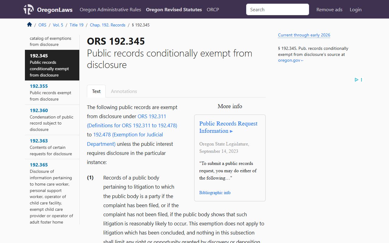 ORS 192.345 public records exemptions for Oregon felony records