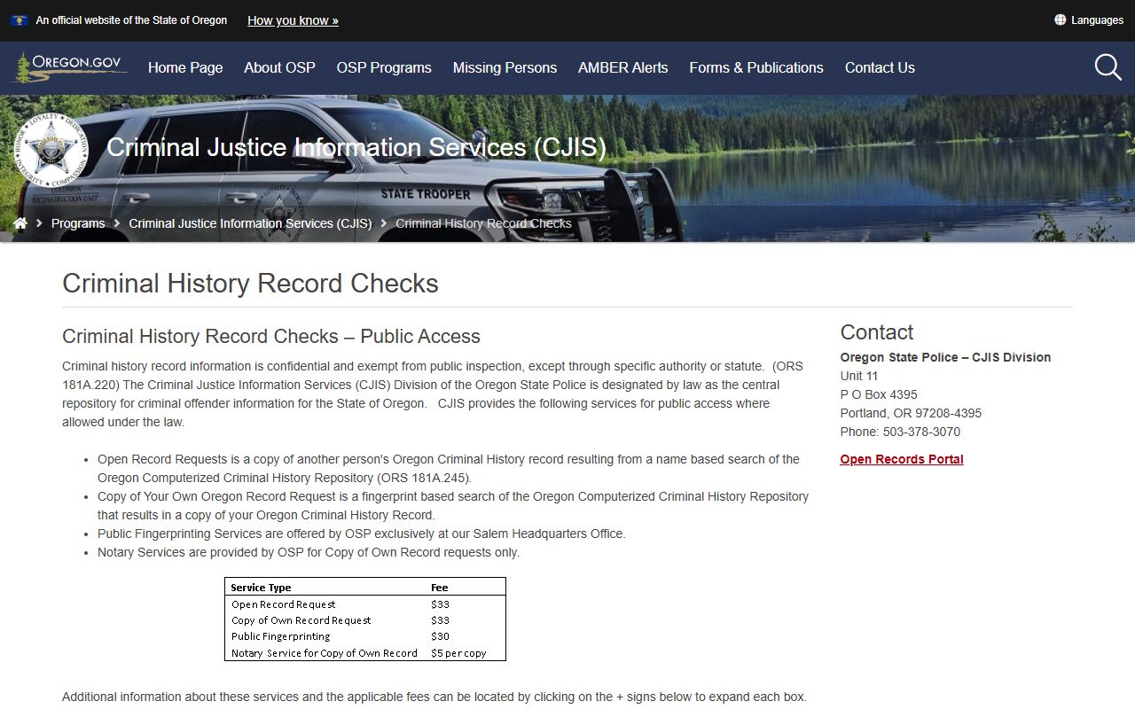 OSP Criminal History page for Oregon felony records
